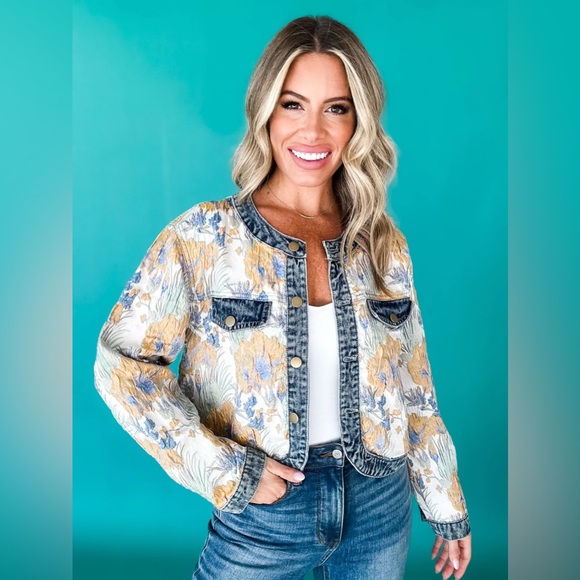 Floral woven jacquard denim button boho bohemian jacket - Picture 5 of 14